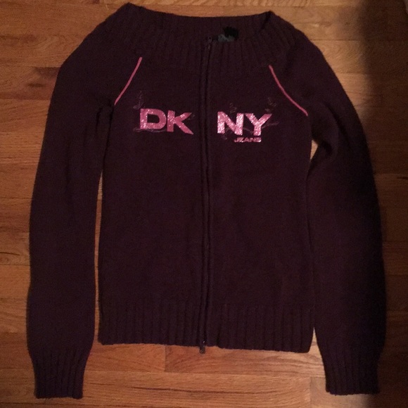 Dkny Sweaters - DKNY zip up sweater plum purple and pink letters